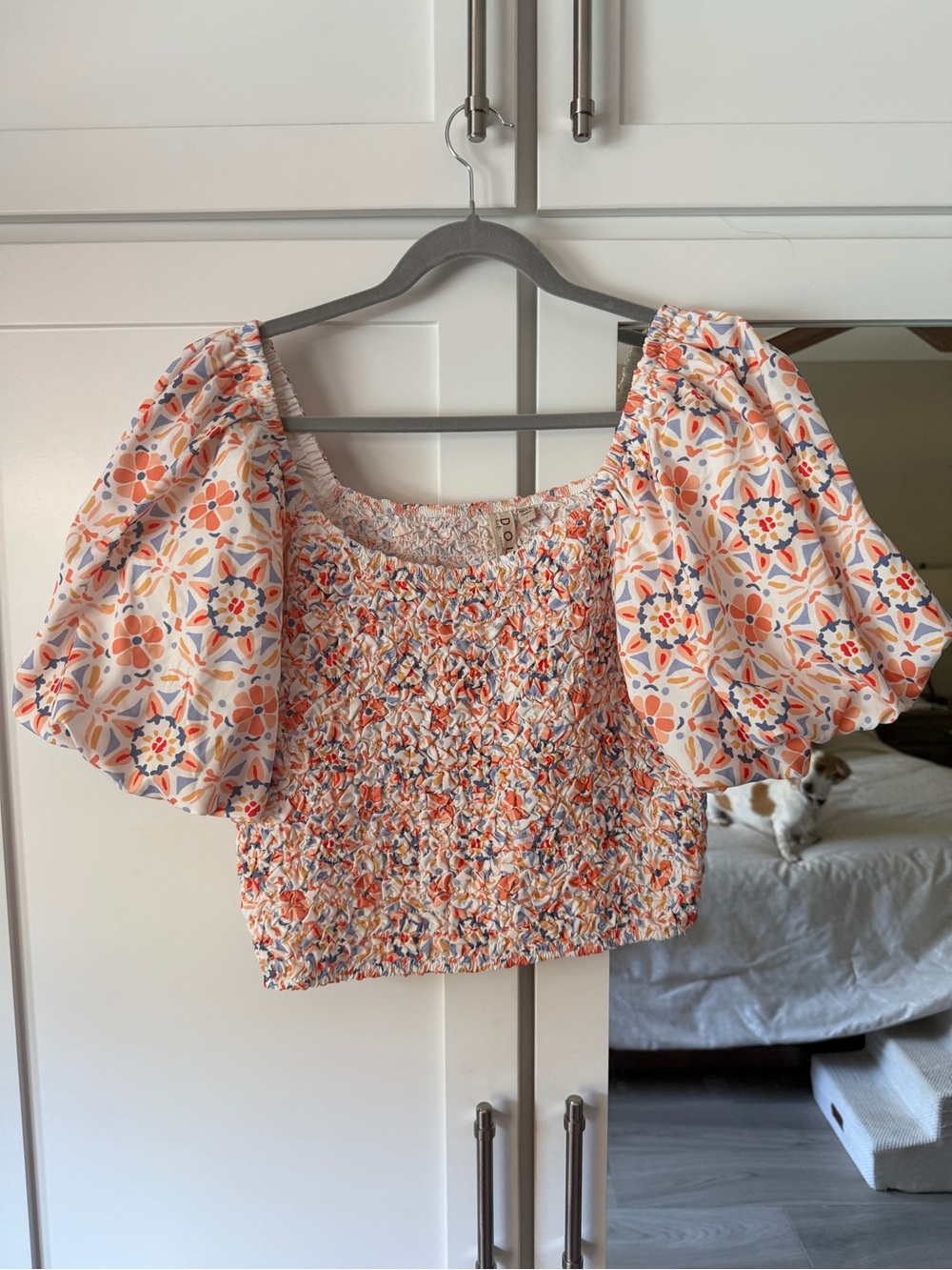 Anthropologie Floral Smocked Puff-Sleeve Crop Top - Orange Multi - size Large